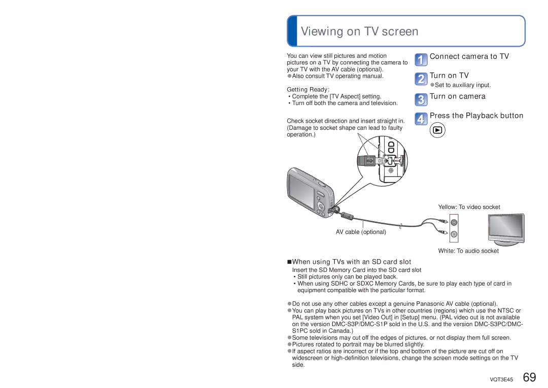 Panasonic DMC-S1K Viewing on TV screen, Connect camera to TV Turn on TV, Turn on camera Press the Playback button 