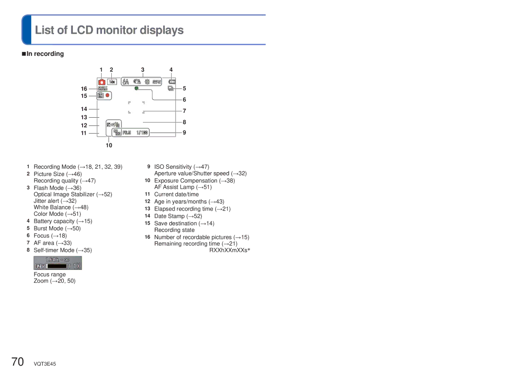 Panasonic DMC-S1K owner manual List of LCD monitor displays, Recording 