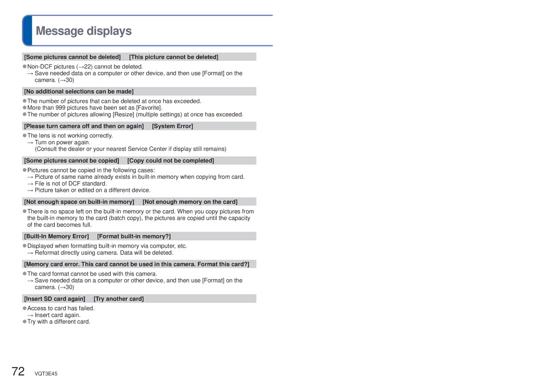 Panasonic DMC-S1K owner manual Message displays 