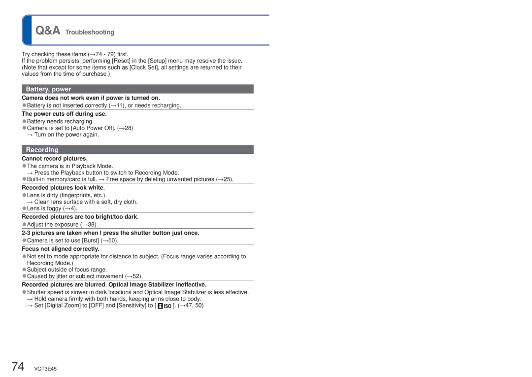 Panasonic DMC-S1K Camera does not work even if power is turned on, Power cuts off during use, Cannot record pictures 