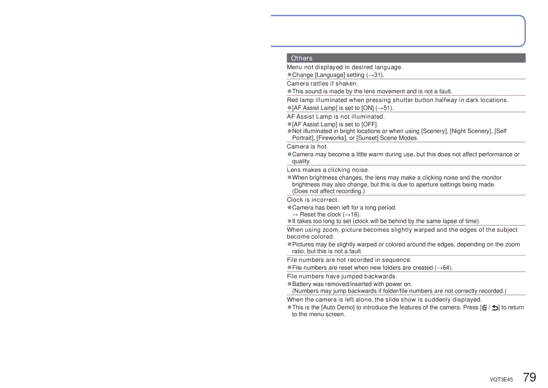 Panasonic DMC-S1K owner manual Camera rattles if shaken, Camera is hot, Lens makes a clicking noise, Clock is incorrect 