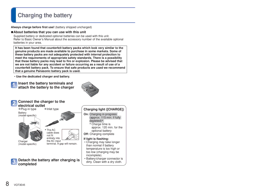 Panasonic DMC-S1K owner manual Charging the battery, Detach the battery after charging is completed, Charging light Charge 