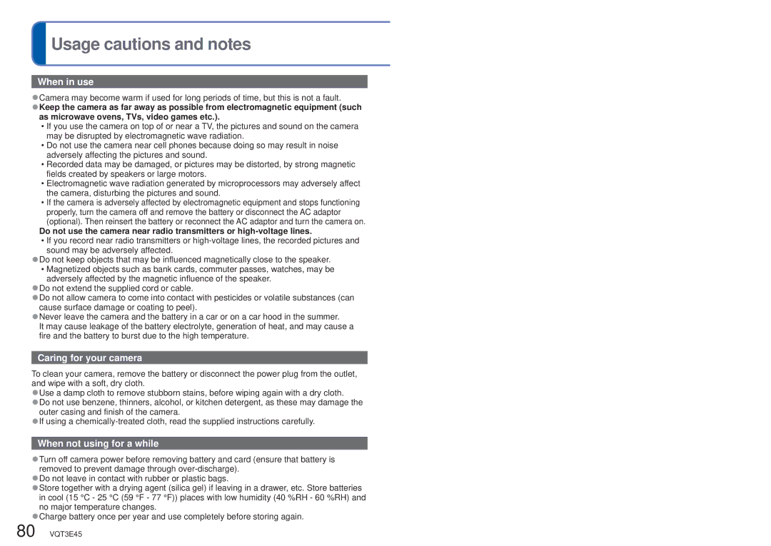 Panasonic DMC-S1K owner manual Usage cautions and notes, When in use 