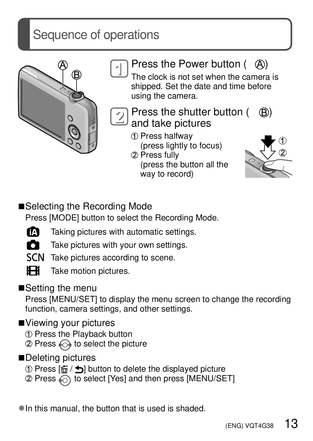 Panasonic VQT4G38, DMC-S2V, DMC-S2K, DMC-FH6K, M1211KZ0 owner manual Sequence of operations, Press the Power button 