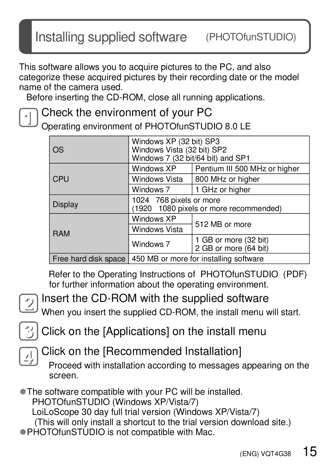 Panasonic DMC-S2V, DMC-S2K Installing supplied software PHOTOfunSTUDIO, Operating environment of PHOTOfunSTUDIO 8.0 LE 