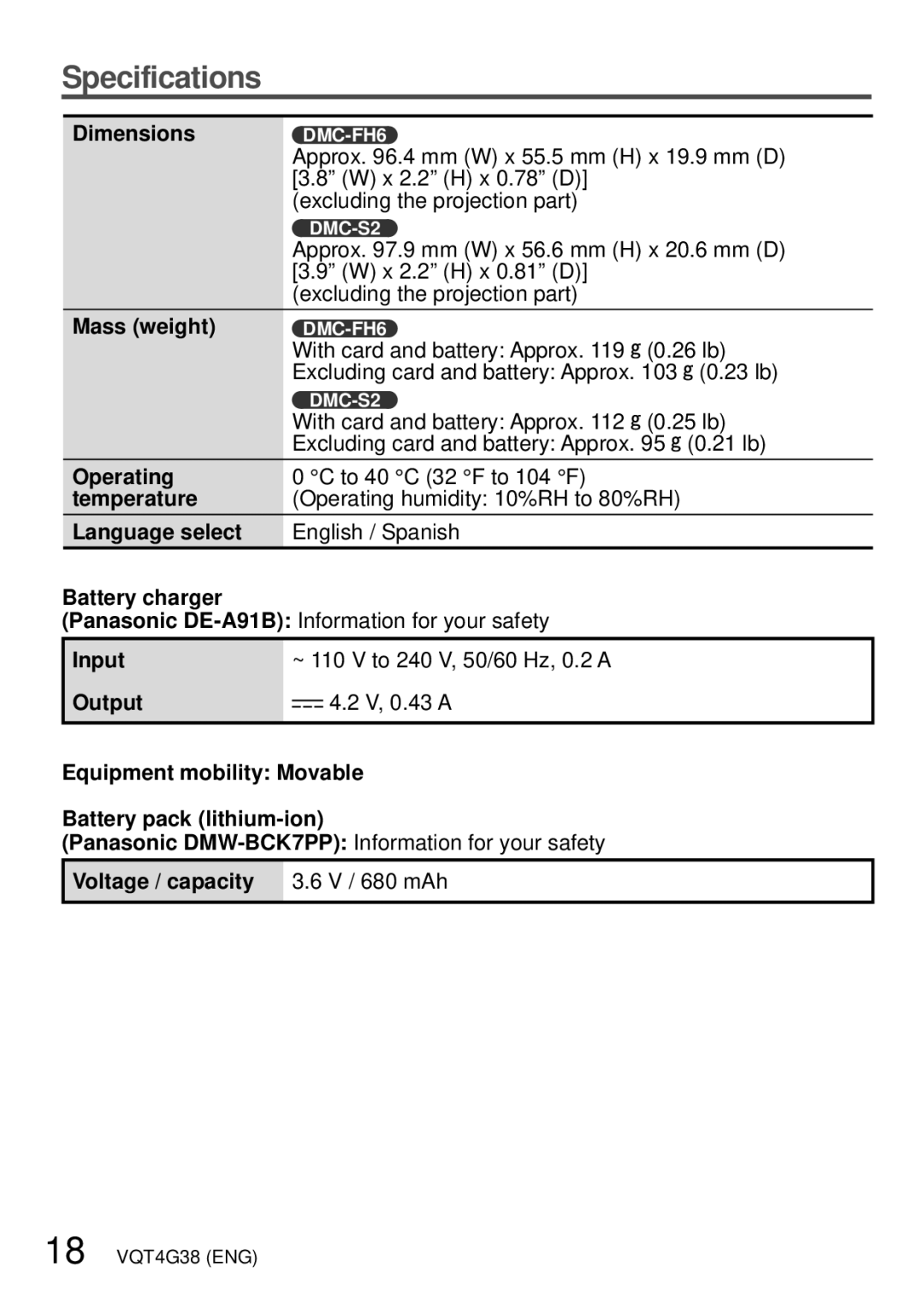 Panasonic DMC-FH6K, DMC-S2V, DMC-S2K, M1211KZ0 Dimensions DMC-FH6, Operating, Temperature, Language select, Battery charger 