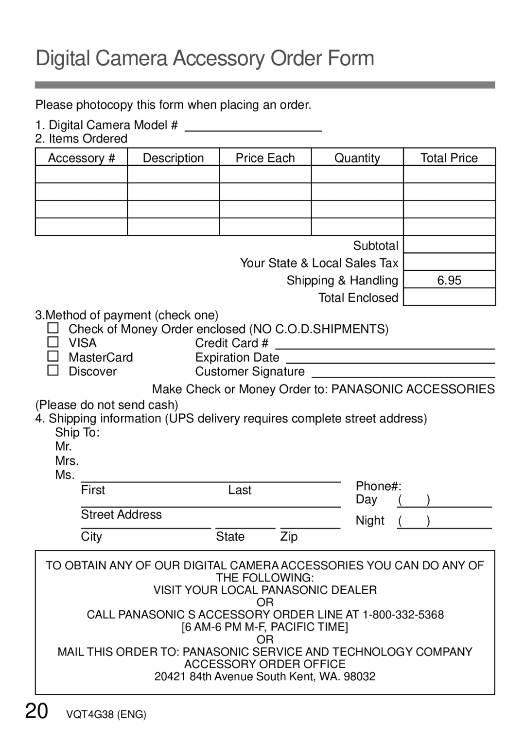 Panasonic VQT4G38, DMC-S2V, DMC-S2K, DMC-FH6K, M1211KZ0 owner manual Digital Camera Accessory Order Form, Visa 