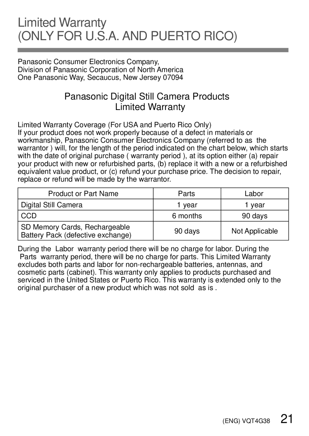 Panasonic DMC-S2V, DMC-S2K Limited Warranty Coverage For USA and Puerto Rico Only, Product or Part Name Parts Labor 