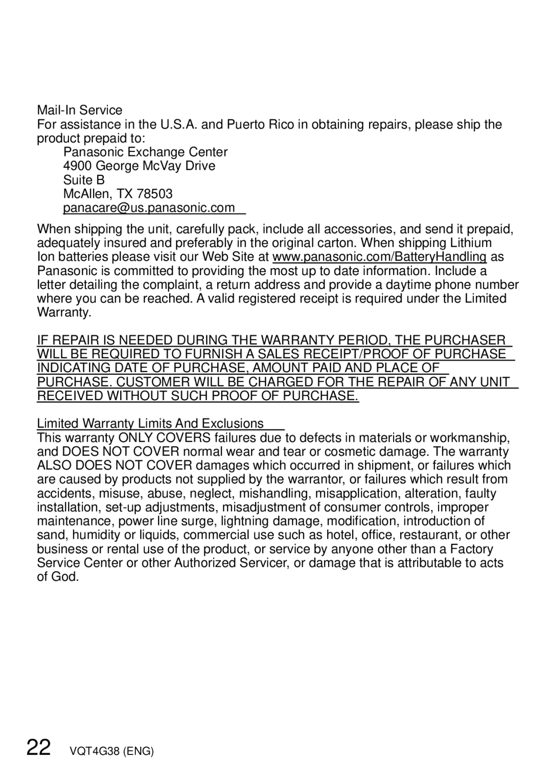 Panasonic DMC-S2V, DMC-S2K, DMC-FH6K, M1211KZ0, VQT4G38 Mail-In Service, Limited Warranty Limits And Exclusions 