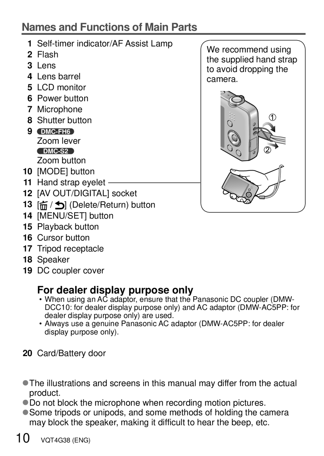 Panasonic DMC-S2V, DMC-S2K, DMC-FH6K, M1211KZ0, VQT4G38 Names and Functions of Main Parts, For dealer display purpose only 