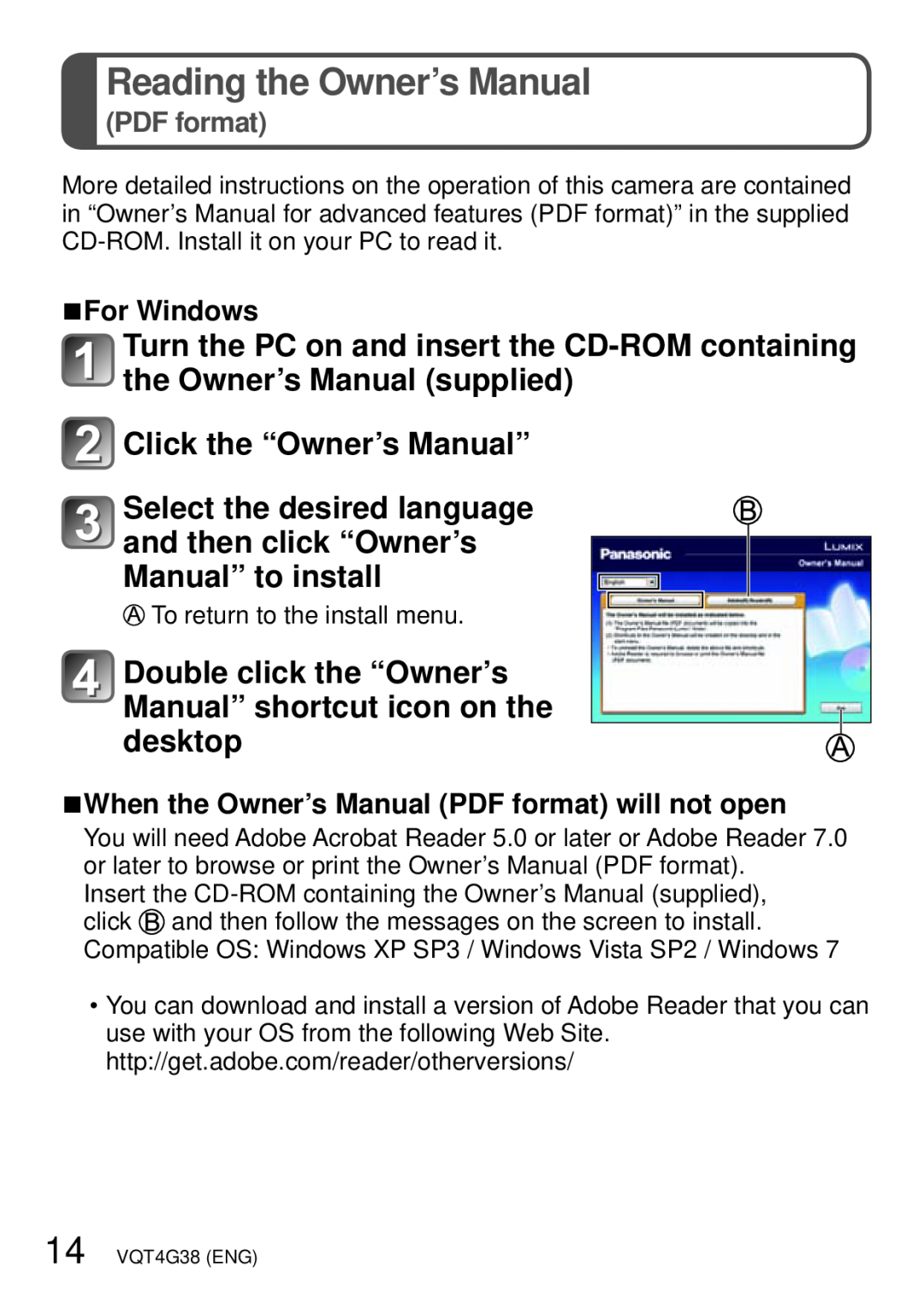 Panasonic DMC-S2V, DMC-S2K, DMC-FH6, VQT4G38 Reading the Owner’s Manual, Click the “Owner’s Manual”, For Windows, PDF format 