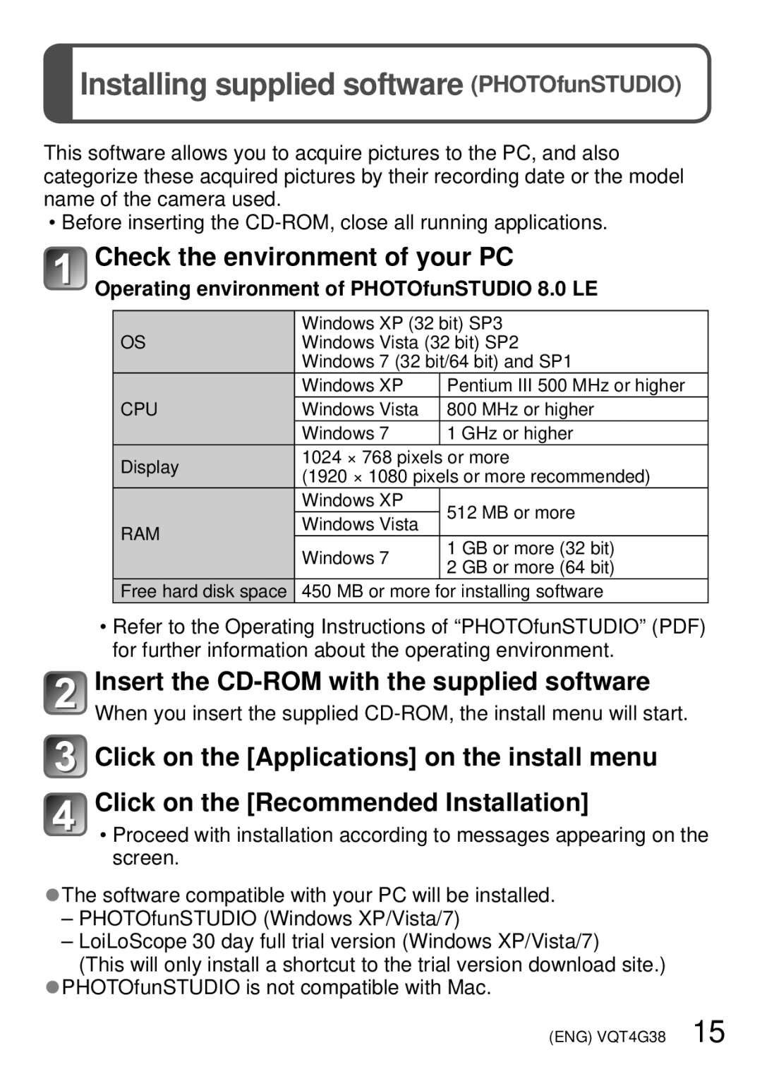 Panasonic DMC-S2V, DMC-S2K, DMC-FH6 Installing supplied software PHOTOfunSTUDIO, Check the environment of your PC 