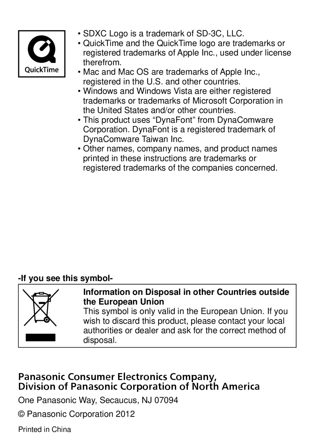 Panasonic DMC-FH6K, DMC-S2V If you see this symbol, Information on Disposal in other Countries outside the European Union 