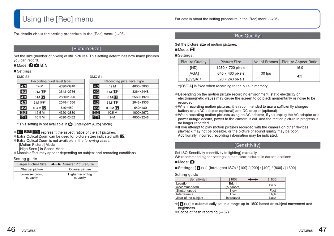 Panasonic DMC-S3, DMC-S1 operating instructions Using the Rec menu, Picture Size, Rec Quality, Sensitivity 