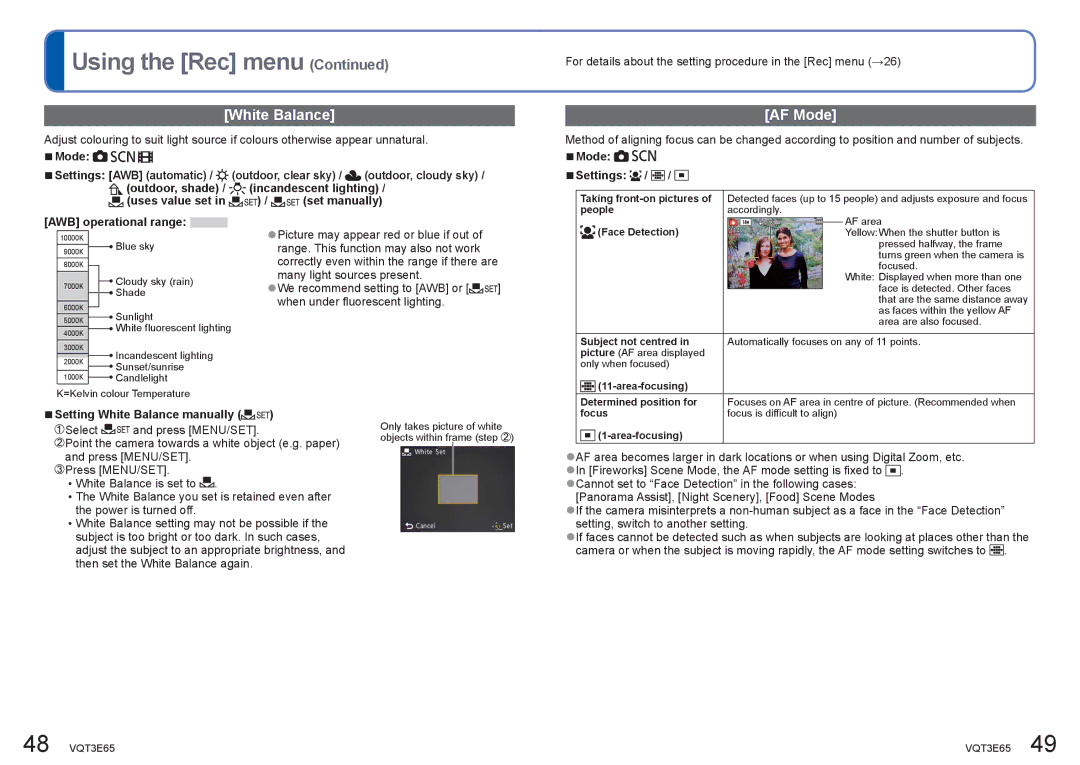 Panasonic DMC-S1, DMC-S3 operating instructions AF Mode, AWB operational range, Setting White Balance manually 