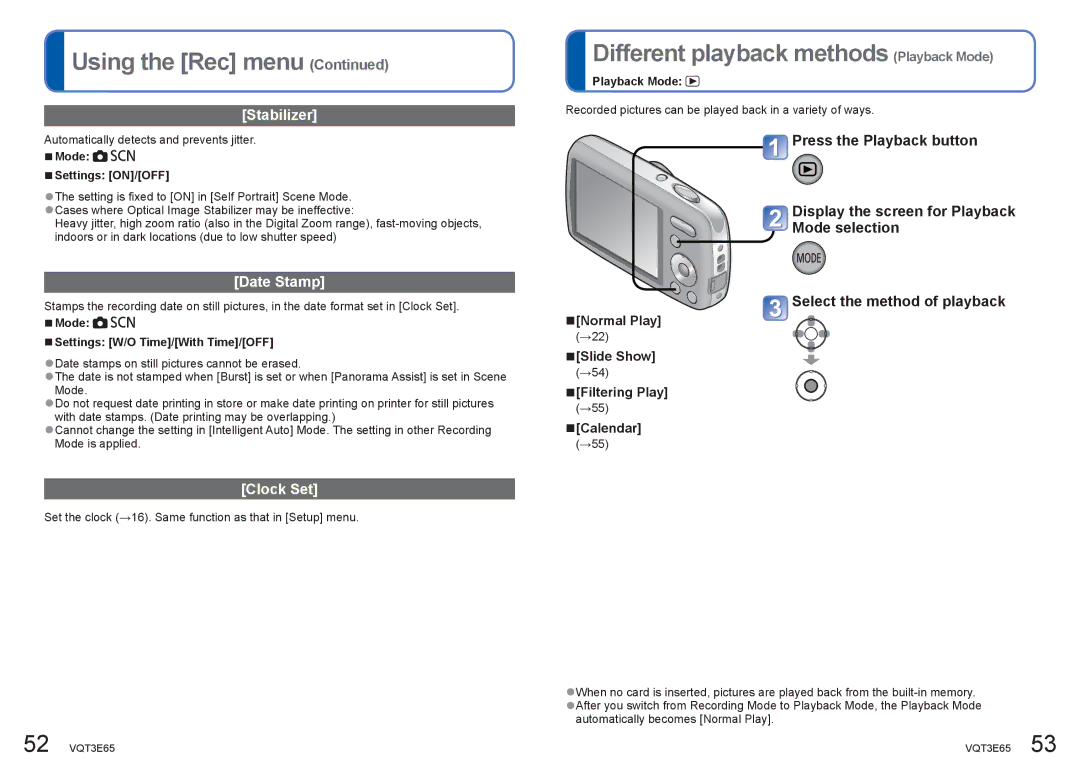 Panasonic DMC-S1, DMC-S3 operating instructions Different playback methods Playback Mode, Stabilizer, Date Stamp, Clock Set 