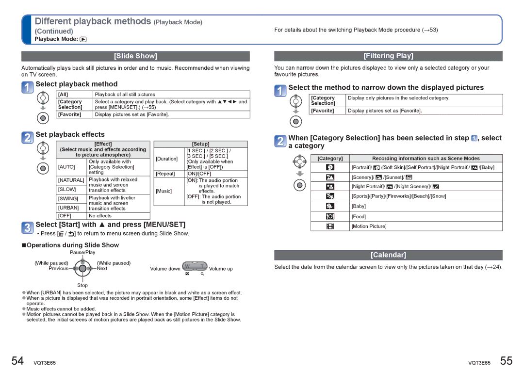 Panasonic DMC-S3, DMC-S1 operating instructions Slide Show, Filtering Play, Calendar 