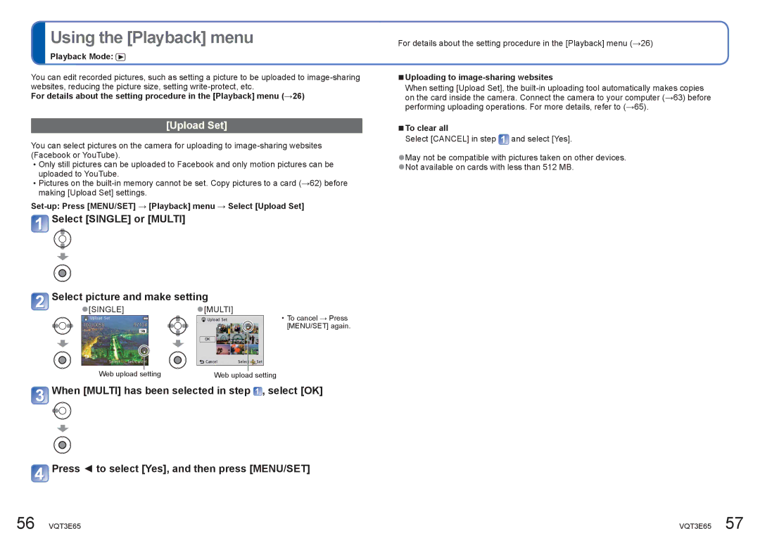 Panasonic DMC-S1, DMC-S3 Using the Playback menu, Upload Set, Select Single or Multi Select picture and make setting 