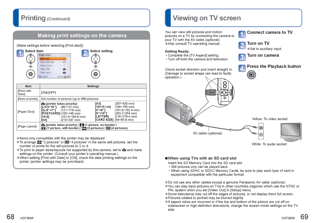 Panasonic DMC-S1, DMC-S3 Viewing on TV screen, Connect camera to TV Turn on TV, Turn on camera Press the Playback button 