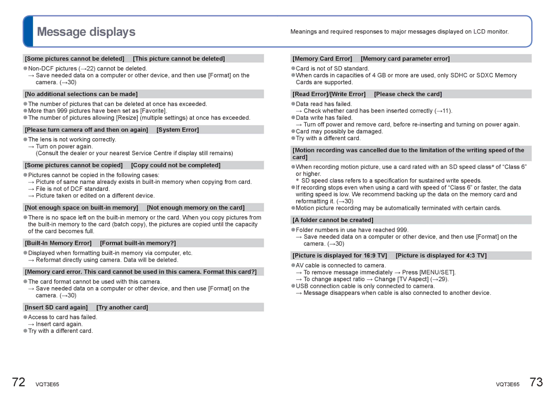 Panasonic DMC-S1, DMC-S3 operating instructions Message displays 