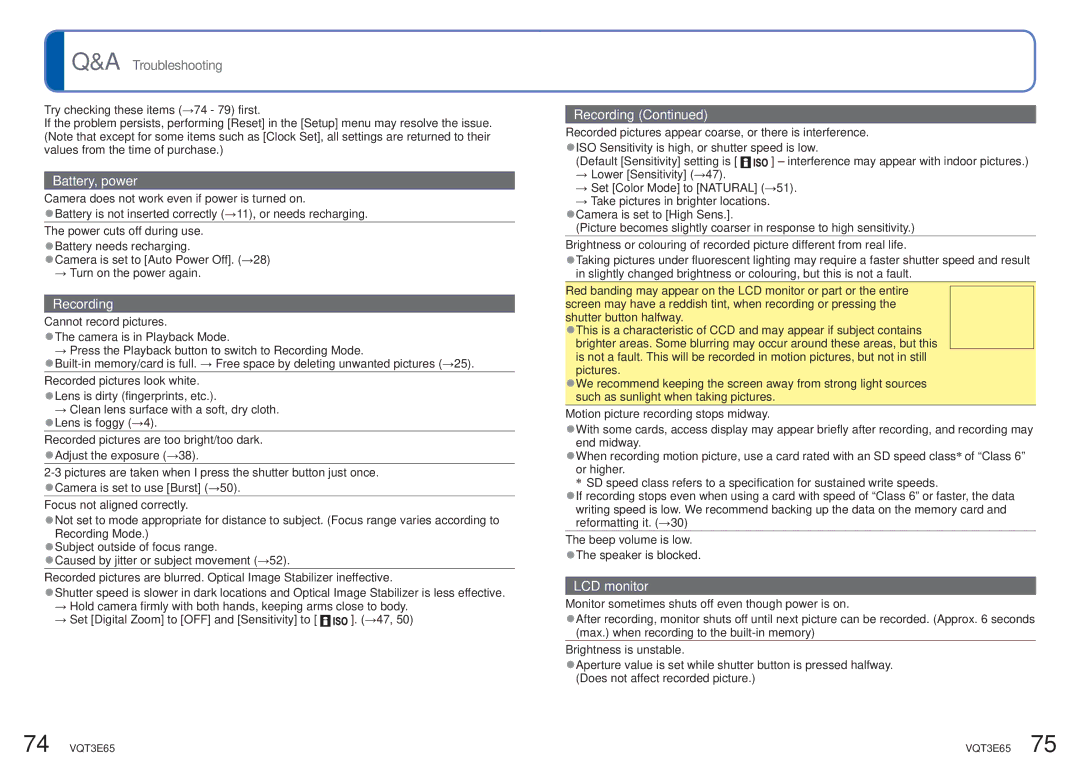 Panasonic DMC-S3 Camera does not work even if power is turned on, Power cuts off during use, Cannot record pictures 