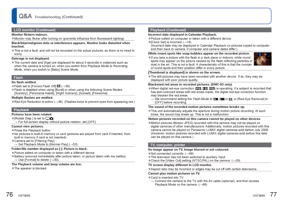 Panasonic DMC-S1 Monitor flickers indoors, Date/age is not displayed, No flash emitted, Multiple flashes are emitted 