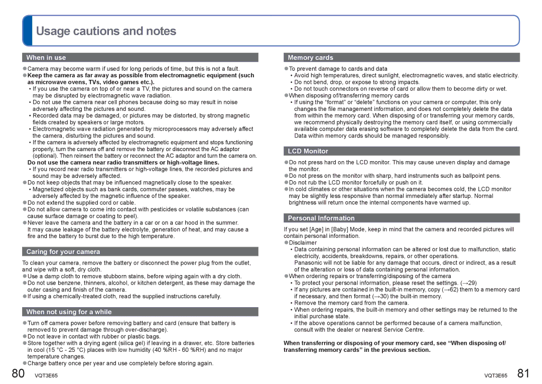 Panasonic DMC-S1, DMC-S3 operating instructions Usage cautions and notes, When in use 