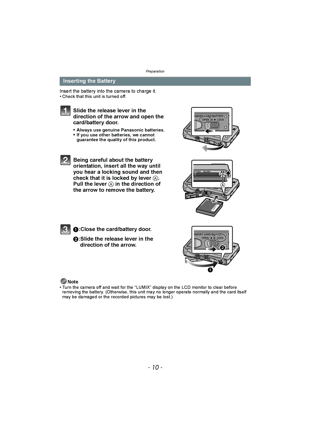 Panasonic DMC-SZ1, DMC-FH8 operating instructions Inserting the Battery, Insert the battery into the camera to charge it 