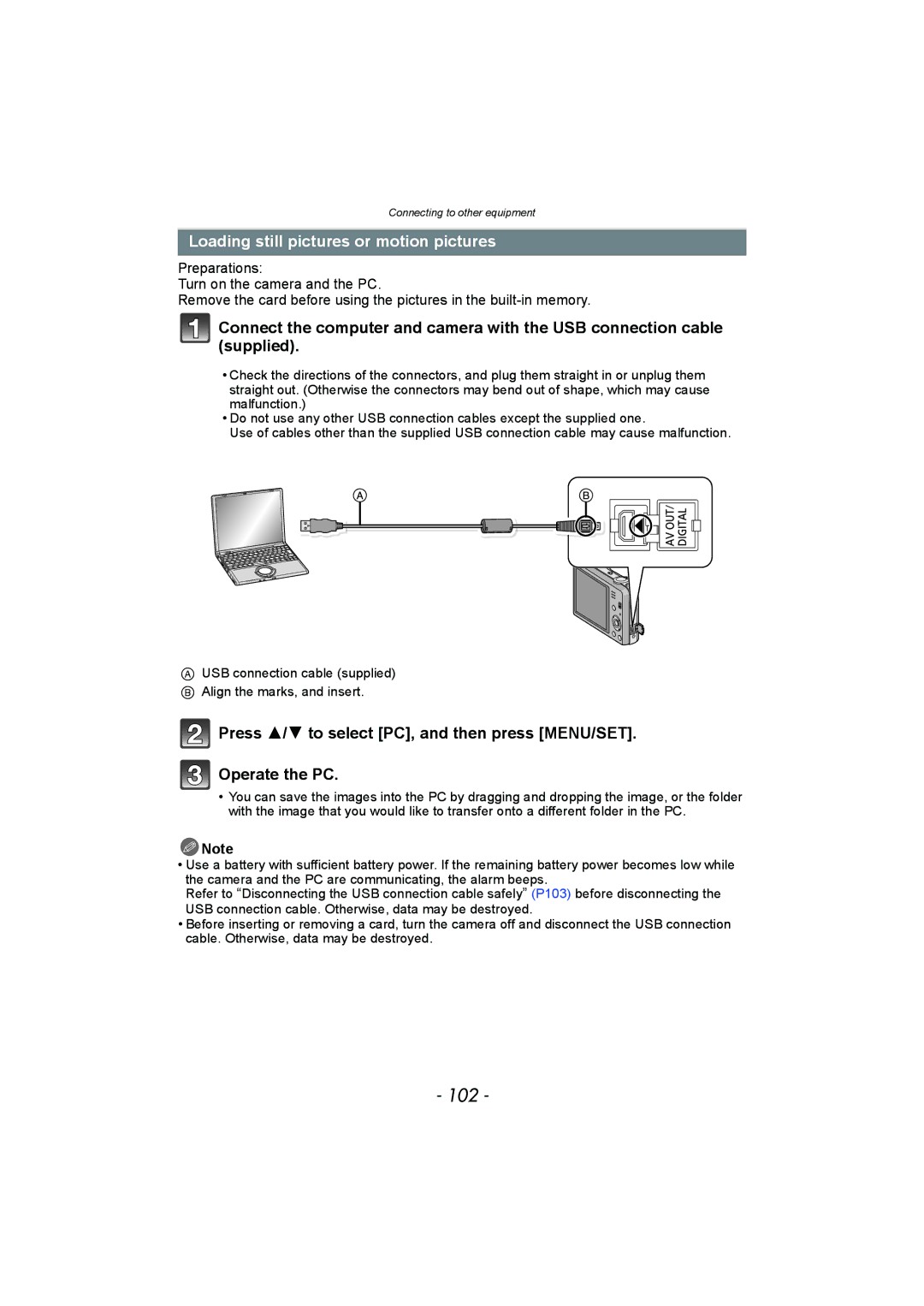 Panasonic DMC-SZ1, DMC-FH8 operating instructions 102, Loading still pictures or motion pictures 