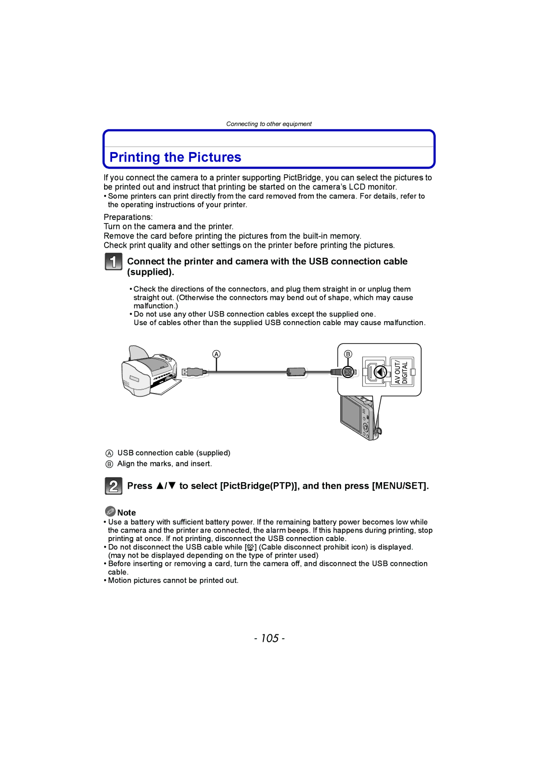 Panasonic DMC-FH8, DMC-SZ1 Printing the Pictures, 105, Press 3/4 to select PictBridgePTP, and then press MENU/SET 