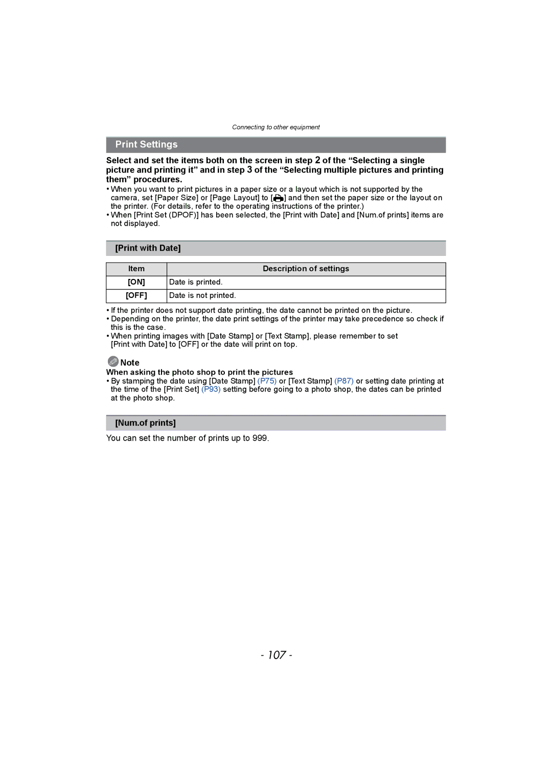 Panasonic DMC-FH8, DMC-SZ1 107, Print Settings, Print with Date, Num.of prints, You can set the number of prints up to 