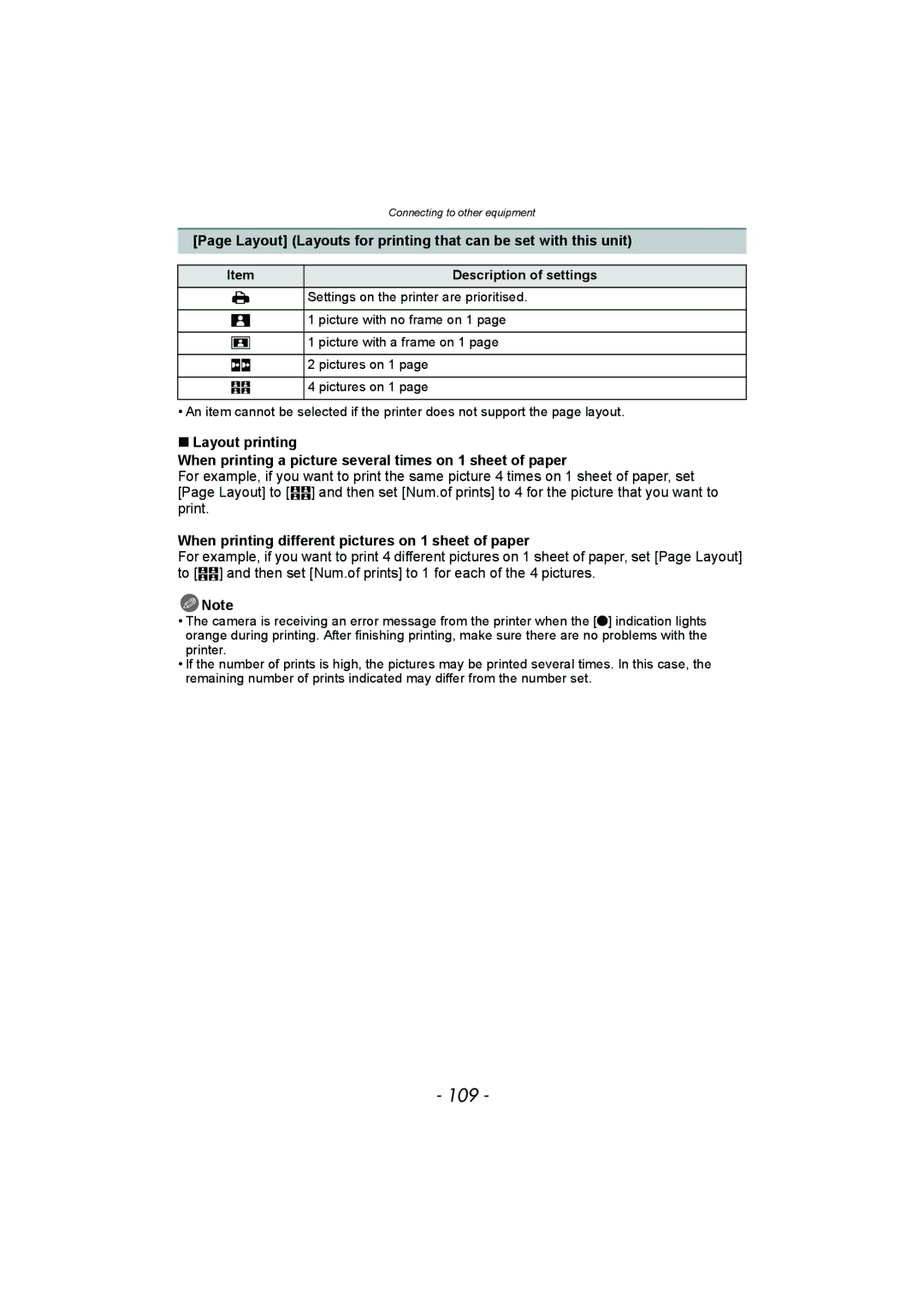 Panasonic DMC-FH8, DMC-SZ1 operating instructions 109, Layout Layouts for printing that can be set with this unit 