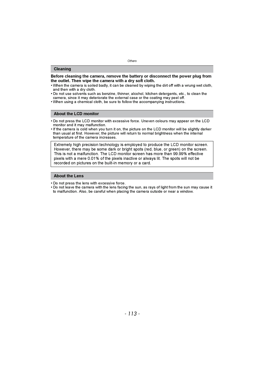 Panasonic DMC-FH8, DMC-SZ1 operating instructions 113, About the LCD monitor, About the Lens 