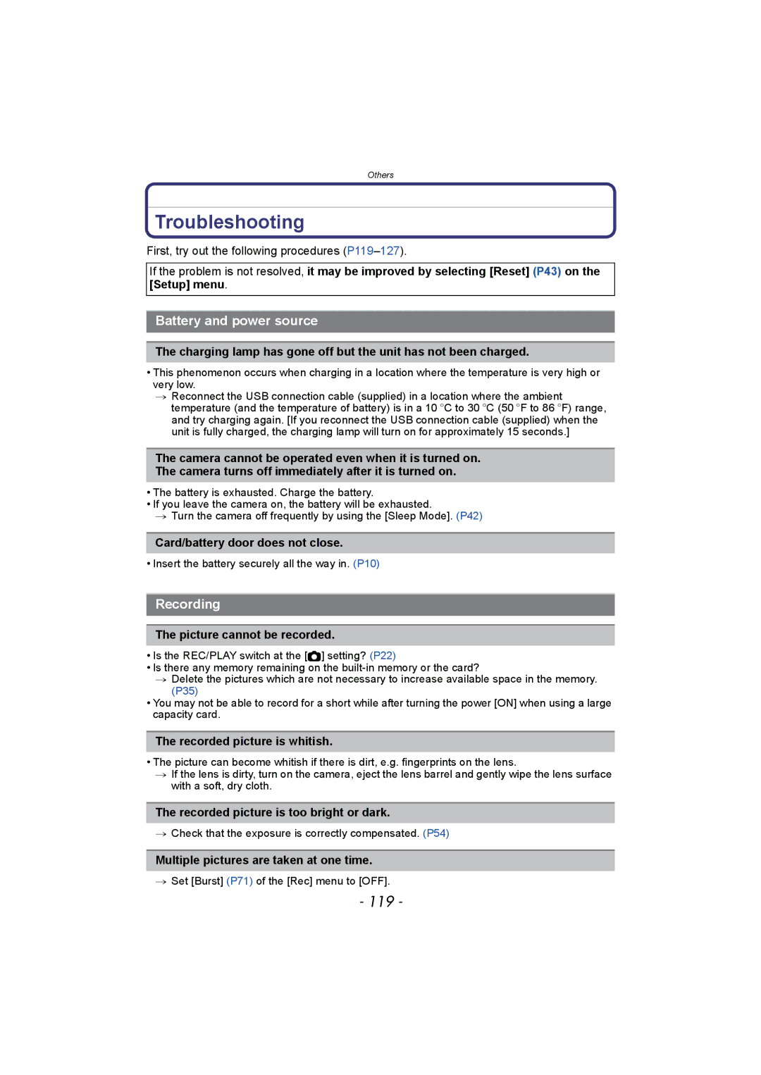 Panasonic DMC-FH8, DMC-SZ1 operating instructions Troubleshooting, 119, Battery and power source, Recording 