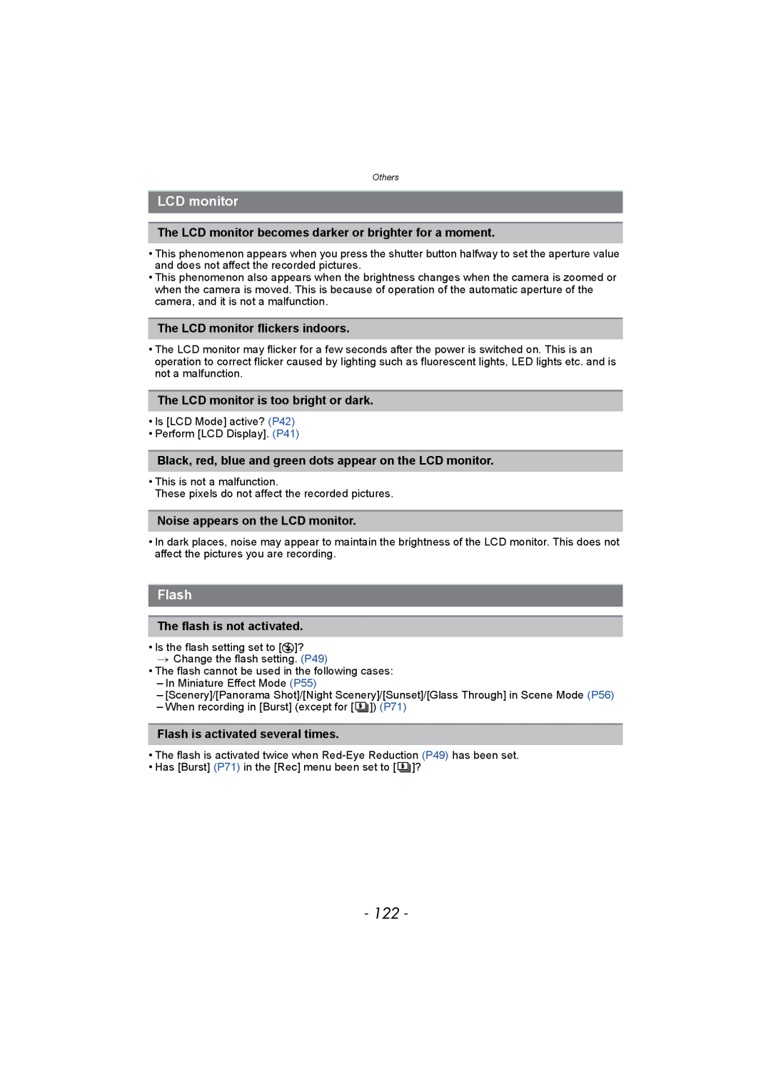 Panasonic DMC-SZ1, DMC-FH8 operating instructions 122, LCD monitor, Flash 