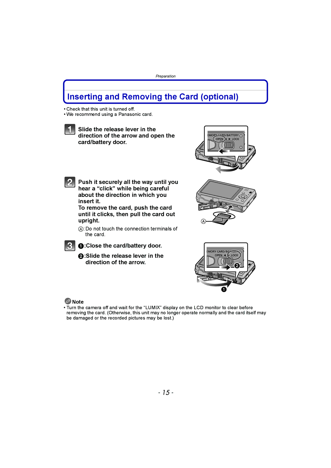 Panasonic DMC-FH8, DMC-SZ1 Inserting and Removing the Card optional, Do not touch the connection terminals of the card 