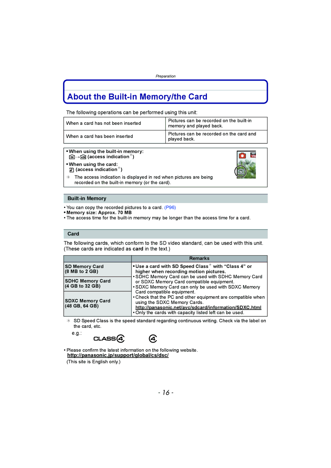 Panasonic DMC-SZ1, DMC-FH8 About the Built-in Memory/the Card, Following operations can be performed using this unit 