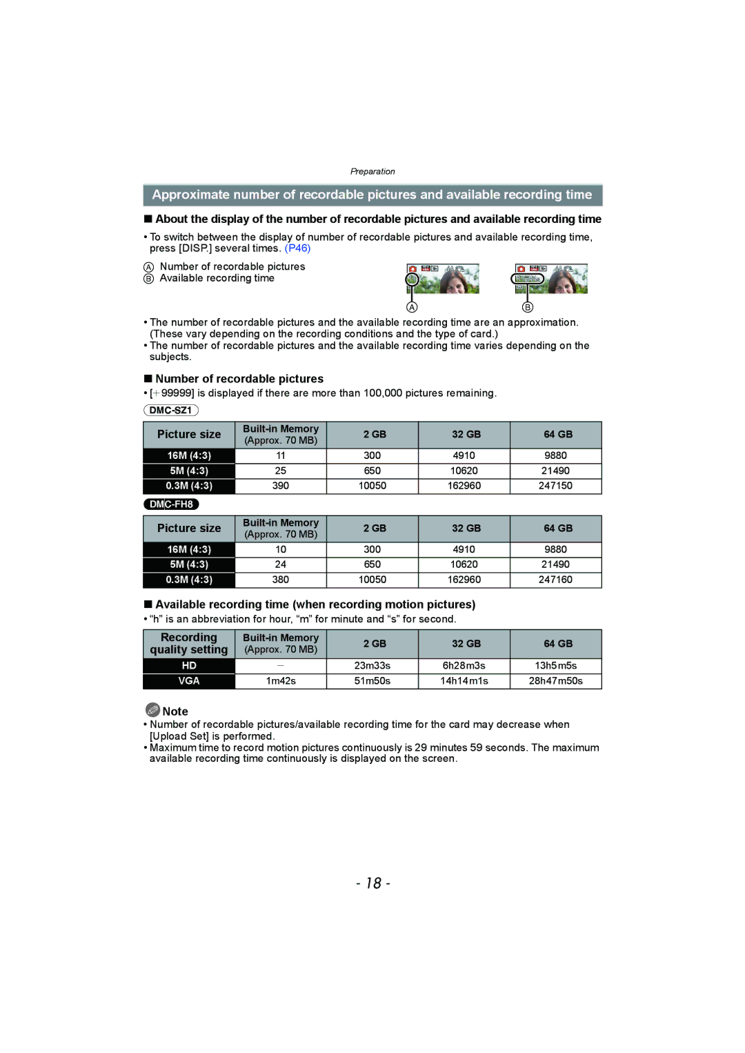 Panasonic DMC-SZ1 Number of recordable pictures, Picture size, Available recording time when recording motion pictures 