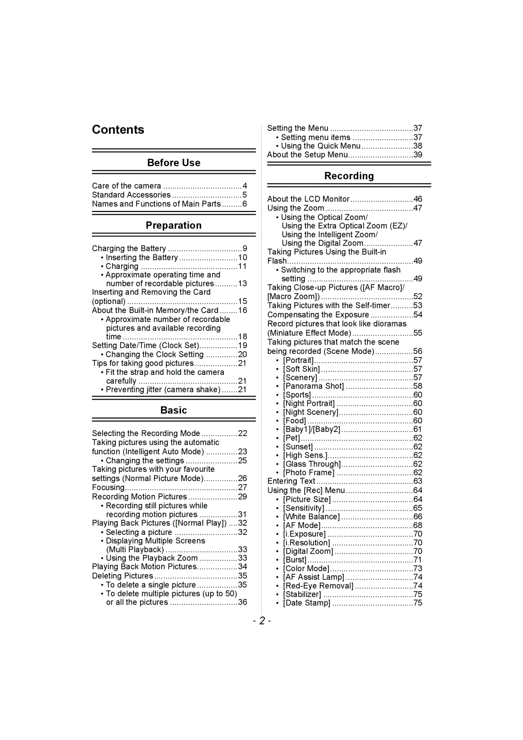 Panasonic DMC-SZ1, DMC-FH8 operating instructions Contents 