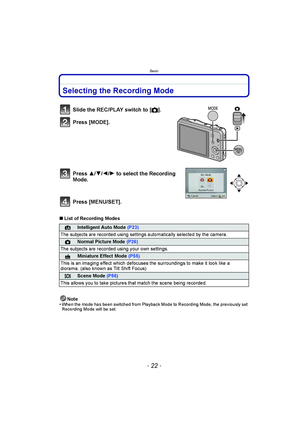 Panasonic DMC-SZ1 Selecting the Recording Mode, List of Recording Modes Intelligent Auto Mode P23, Normal Picture Mode P26 