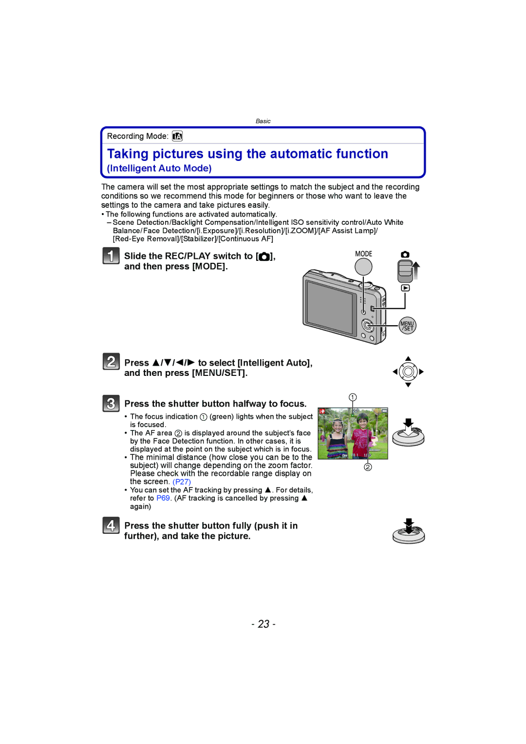 Panasonic DMC-FH8, DMC-SZ1 operating instructions Taking pictures using the automatic function, Recording Mode 