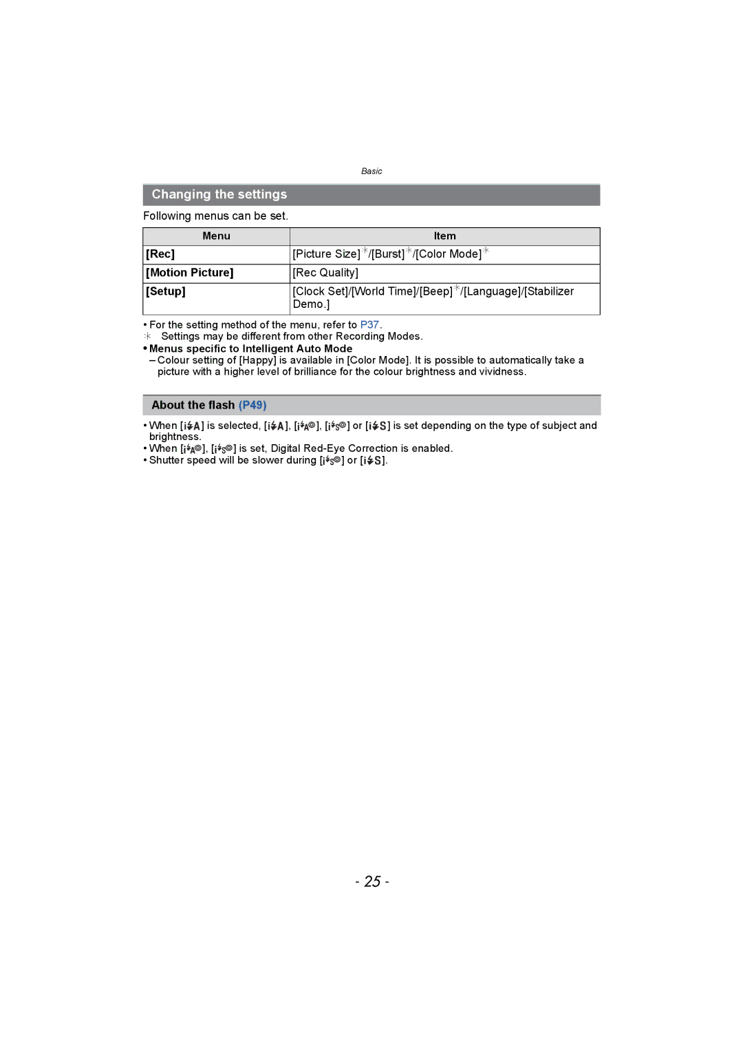 Panasonic DMC-FH8, DMC-SZ1 operating instructions Changing the settings, Rec, Motion Picture, Setup, About the flash P49 