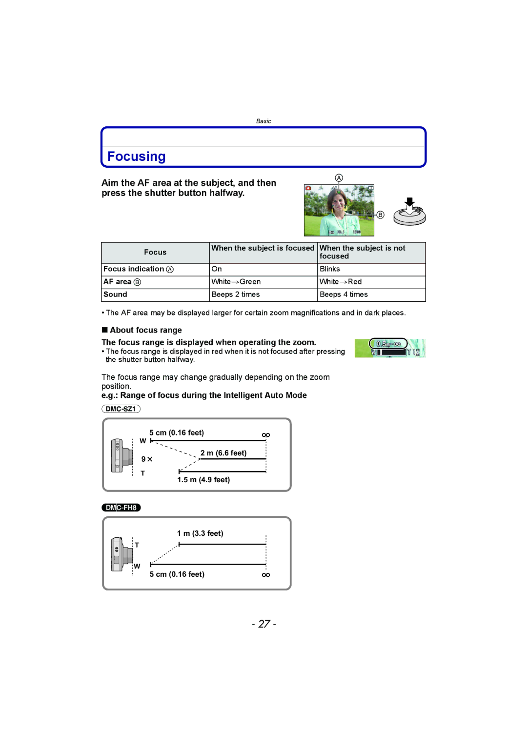 Panasonic DMC-FH8, DMC-SZ1 Focusing, Range of focus during the Intelligent Auto Mode, Cm 0.16 feet 6.6 feet M 4.9 feet 