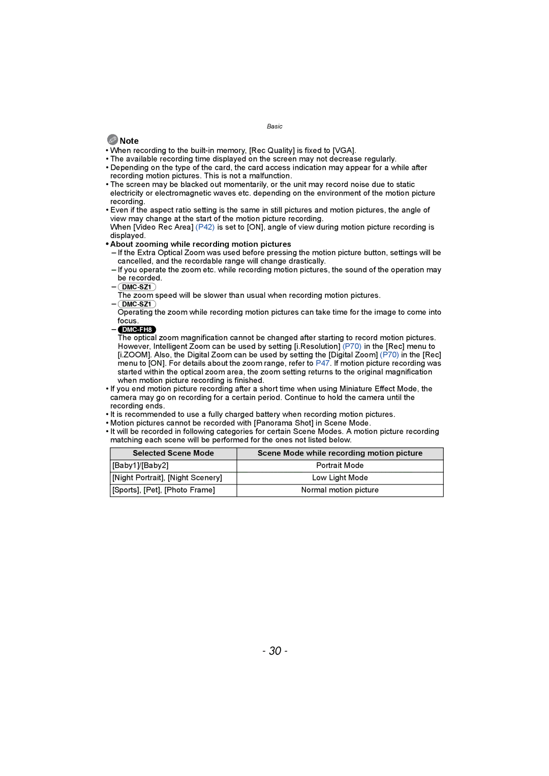 Panasonic DMC-SZ1, DMC-FH8 operating instructions About zooming while recording motion pictures 