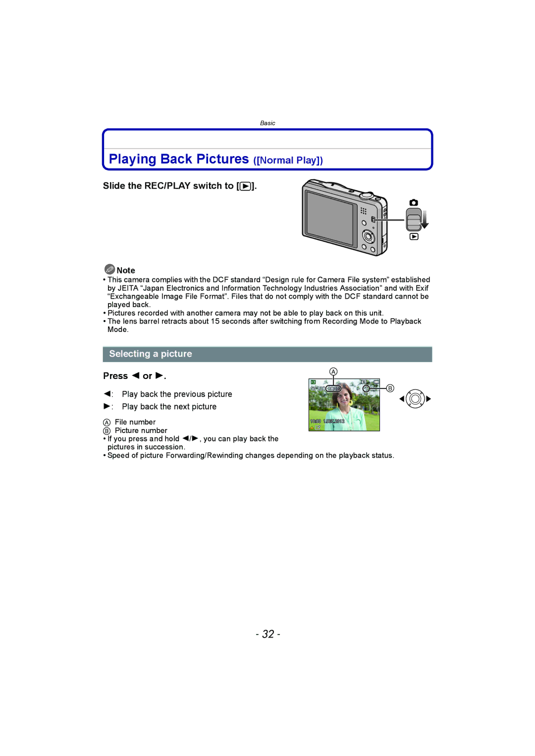 Panasonic DMC-SZ1 Playing Back Pictures Normal Play, Slide the REC/PLAY switch to, Selecting a picture, Press 2 or 