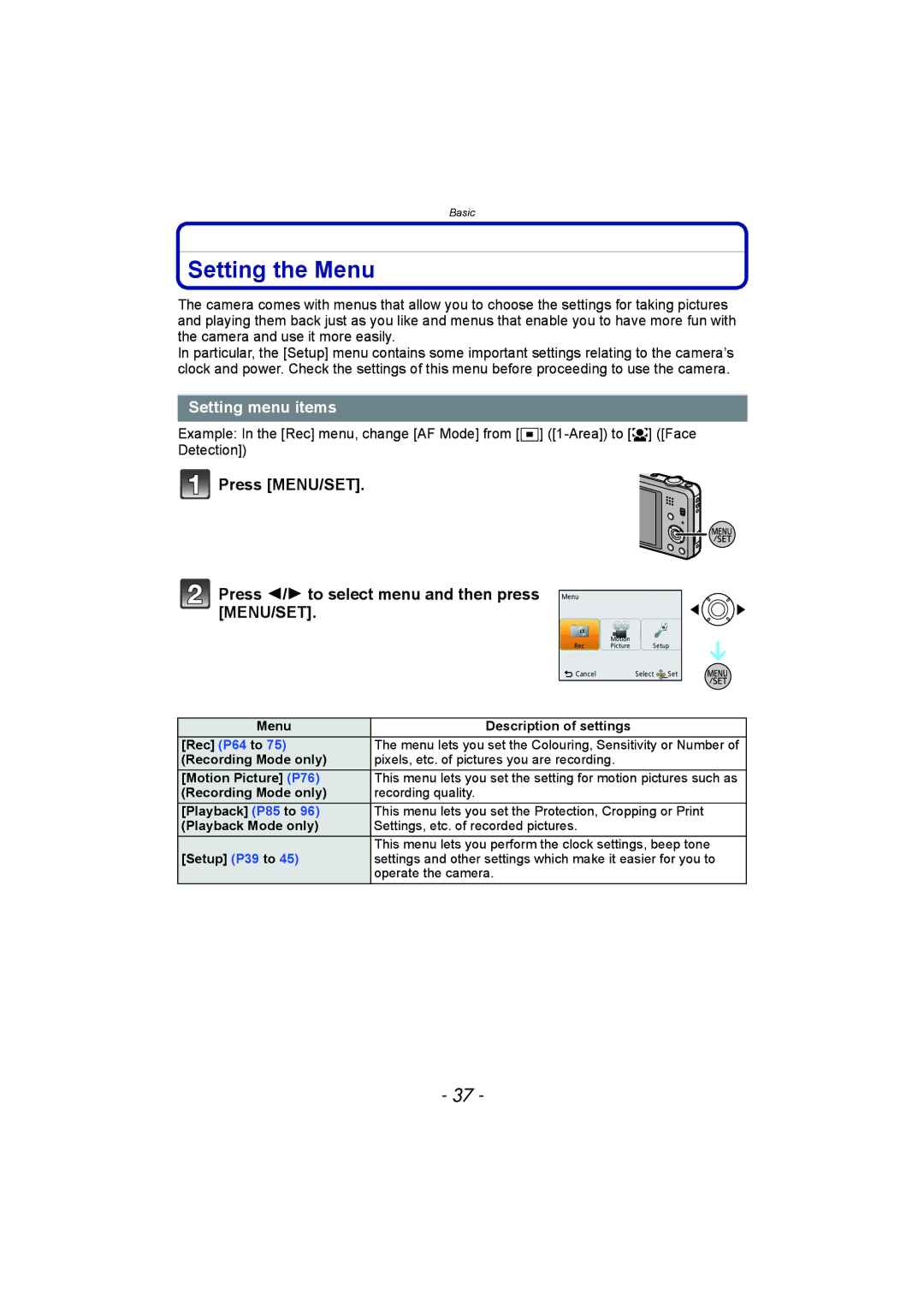 Panasonic DMC-FH8, DMC-SZ1 Setting the Menu, Setting menu items, Menu Description of settings Rec P64 to 