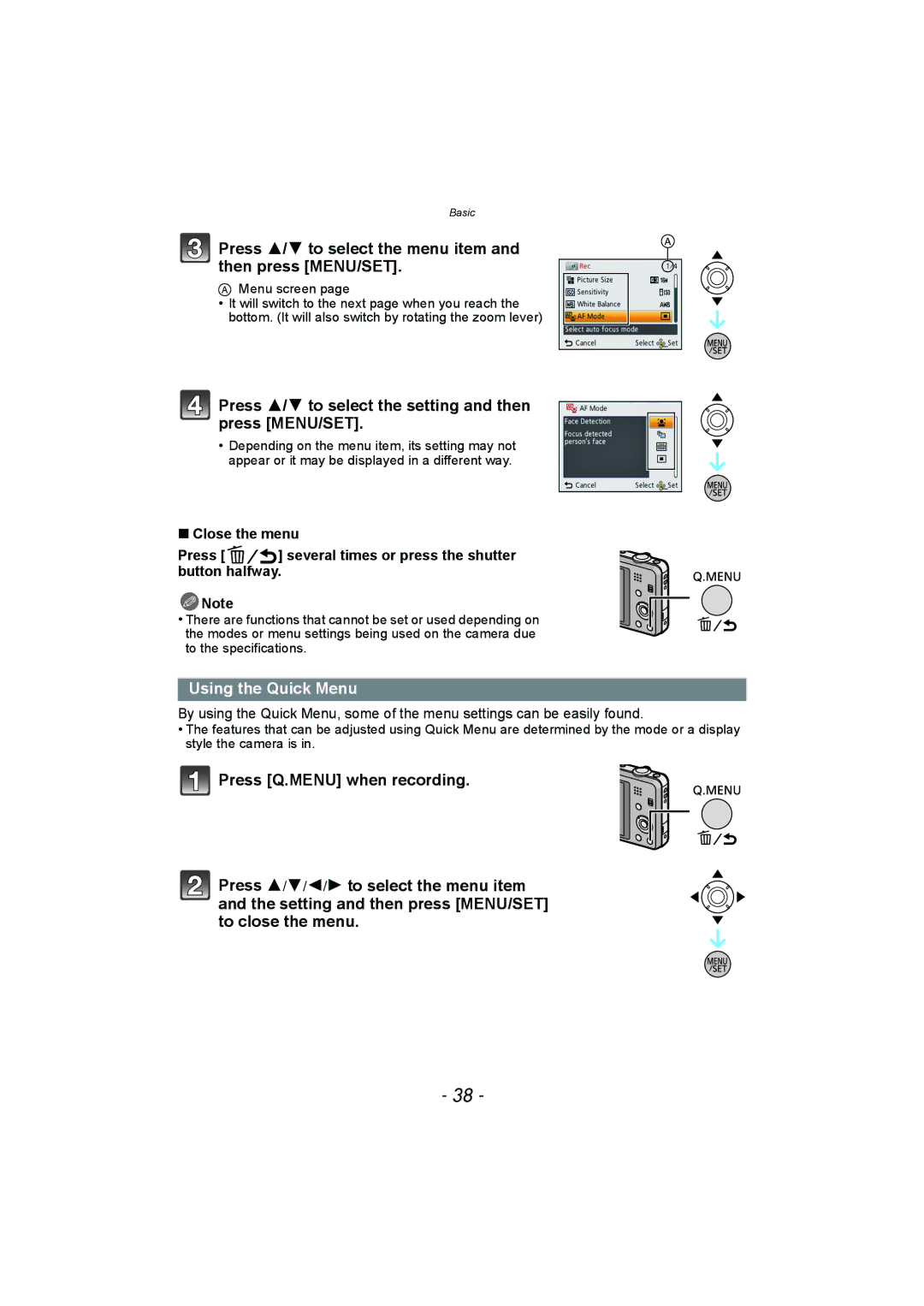 Panasonic DMC-SZ1, DMC-FH8 Press 3/4 to select the menu item and then press MENU/SET, Using the Quick Menu 