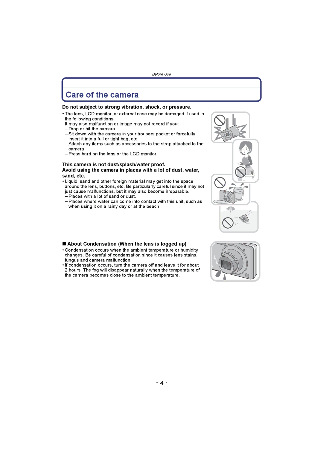 Panasonic DMC-SZ1, DMC-FH8 operating instructions Care of the camera, Do not subject to strong vibration, shock, or pressure 