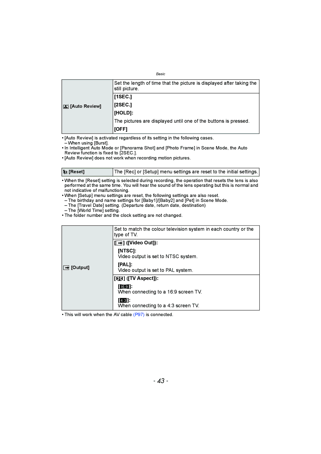 Panasonic DMC-FH8, DMC-SZ1 operating instructions 1SEC 2SEC, Video Out Ntsc, Pal, TV Aspect 