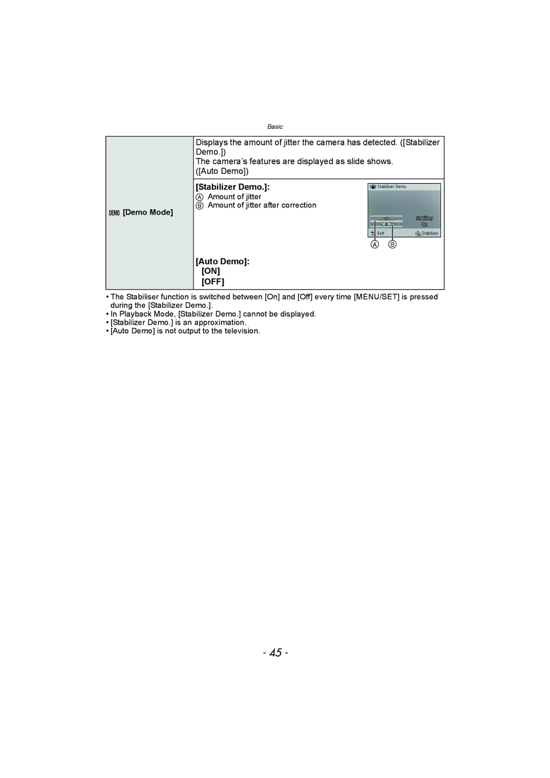 Panasonic DMC-FH8, DMC-SZ1 operating instructions Stabilizer Demo, Auto Demo on, Demo Demo Mode 